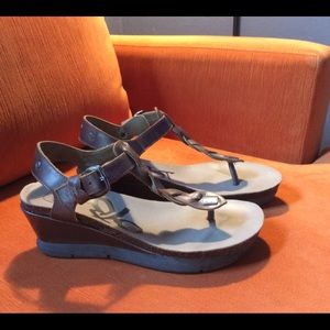 OTBT metallic braided t-strap cork platform sandal